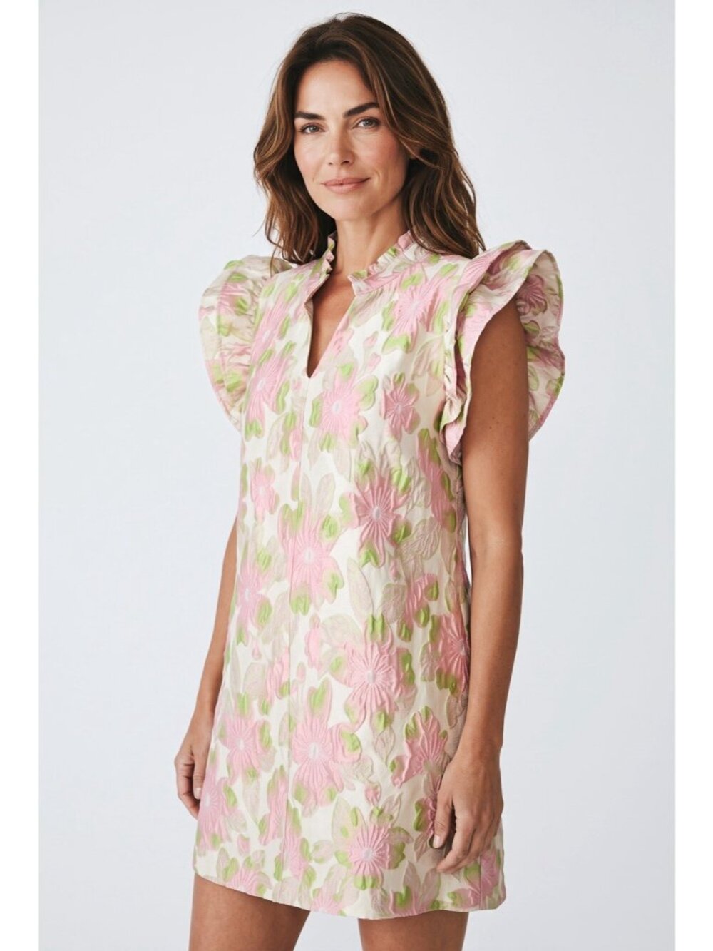 Jodifl ruffled flutter sleeve lime green and pink jaquard mini dress pockets M